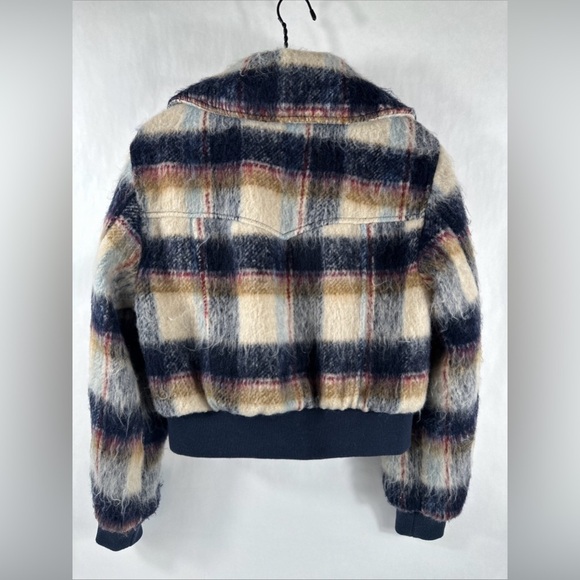 NWT 7 For All Mankind Cropped Bomber Jacket Plaid Tan Blue Zip-Up Coat Small - Picture 7 of 13
